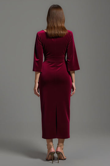 Burgundy V-Neck Velvet 3/4 Sleeves Long Holiday Party Dress